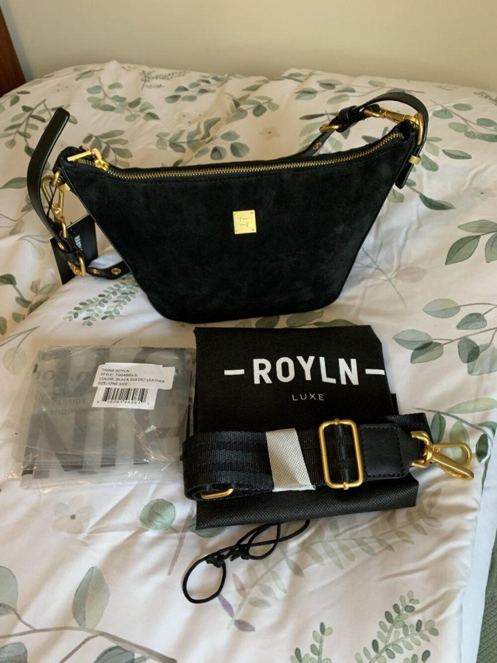 Think Royln Moonbeam Black Suede and Black Leather Crossbody Shoulder Bag NWT